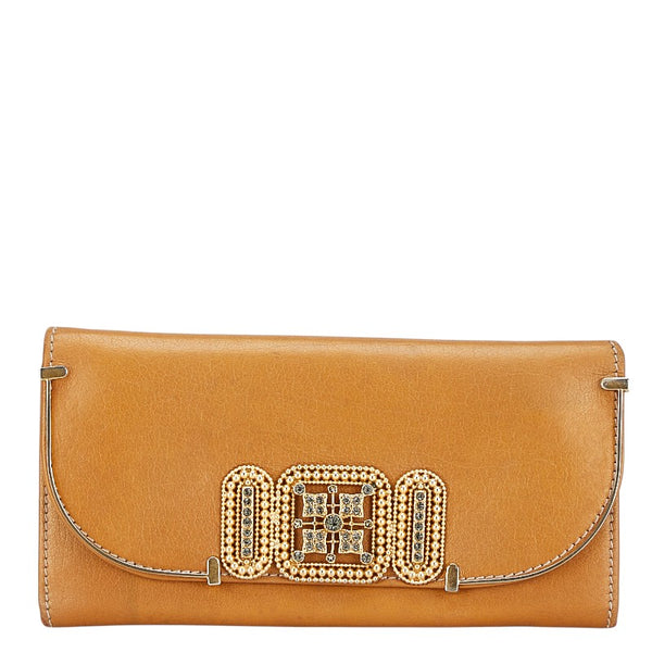 Chloe Rhinestone Leather Wallet Brown Gold