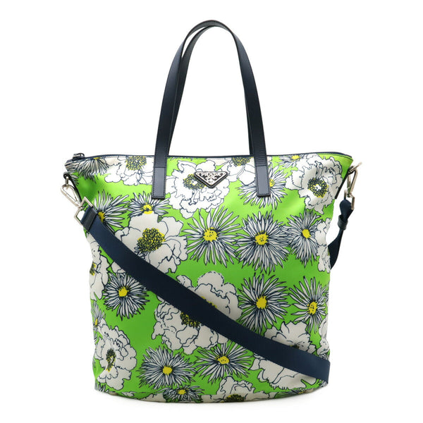 Prada 2way Flower Print Nylon Leather Tote Shoulder Bag