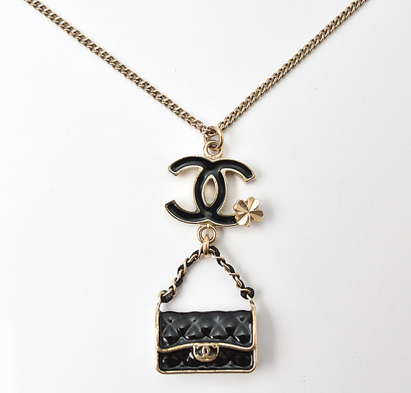 Chanel Necklace Pendant Clover Motif Gold Black