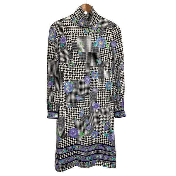 LEONARD FASHION Glen Check Floral High Neck Dress