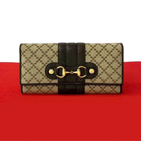 Gucci Diamante Horsebit Leather Canvas Long Wallet