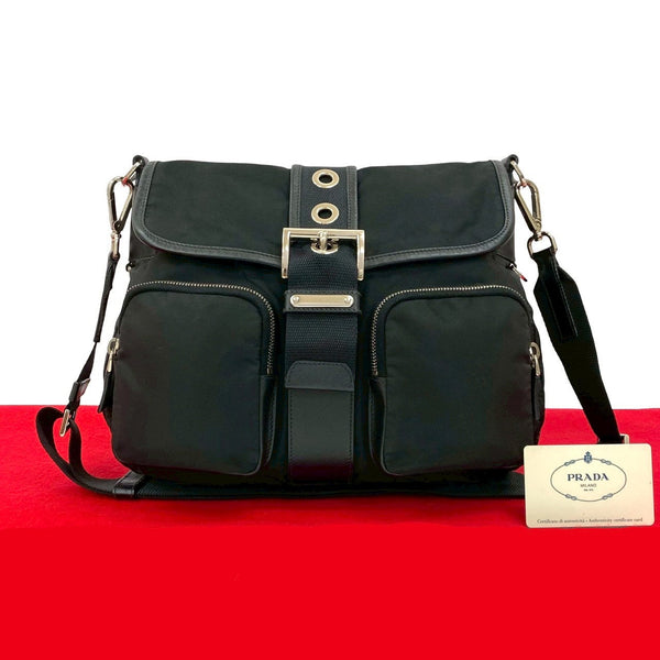 Prada Triangle Logo Nylon Saffiano Leather Shoulder Bag