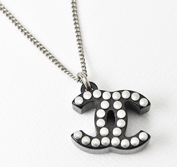 Chanel Necklace Pendant CC Studs Black Silver