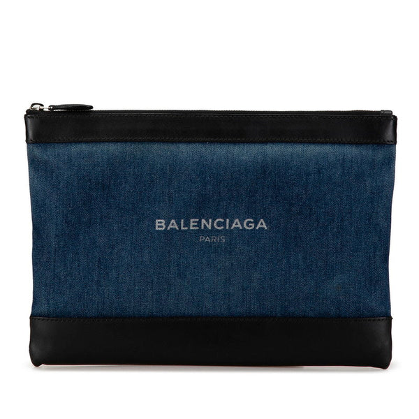 Balenciaga Navy Clip M Denim Leather Clutch Bag