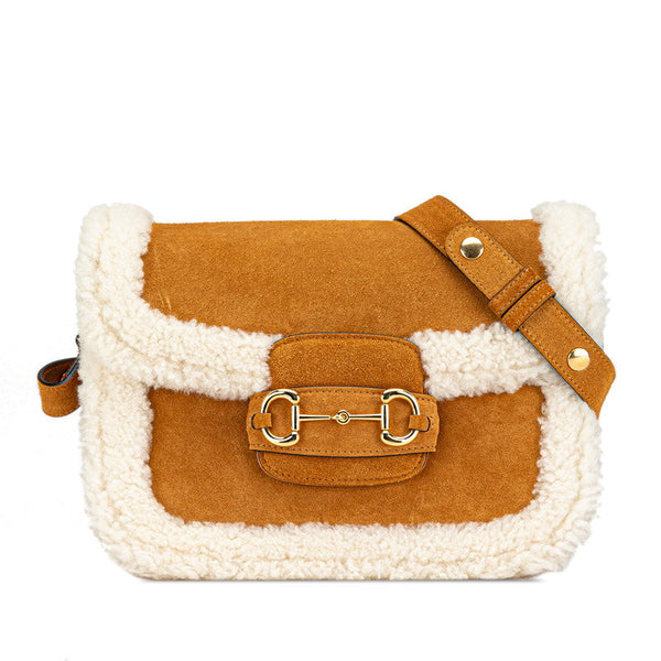Gucci Horsebit 1955 Suede Shearling Shoulder Bag