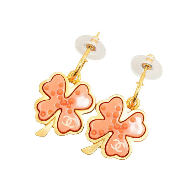 Chanel Gold-Plated Plastic Coco Mark Clover Motif Swing Earrings 03P