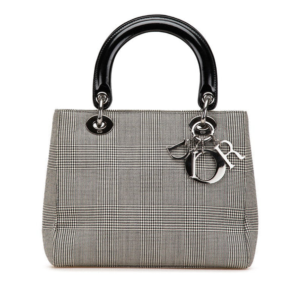 Dior Lady Dior Houndstooth Canvas Leather Handbag